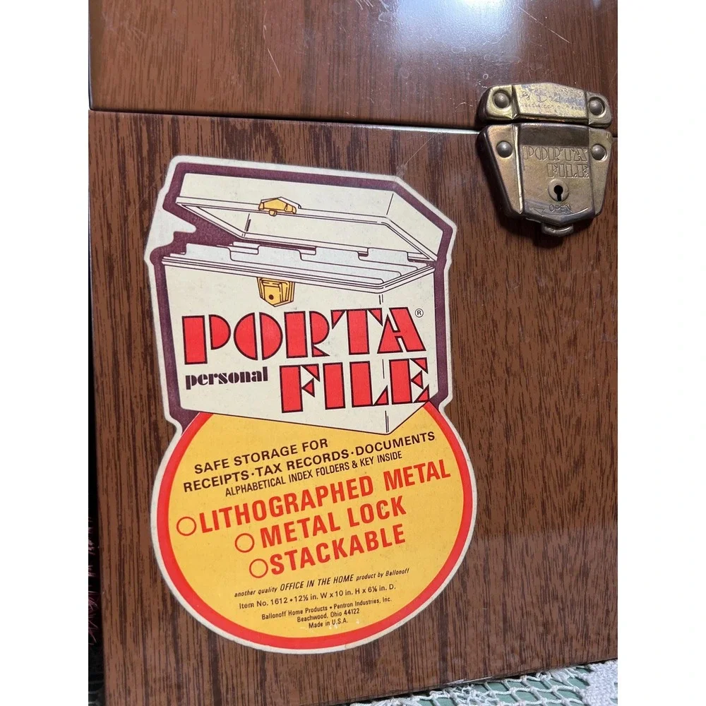 Vintage Wood Grain Litho Portafile Metal Box * Ballonoff * Ohio  Woodgrain File